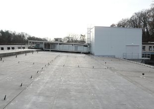 North-west view of the extension with HVAC ducts on the roof